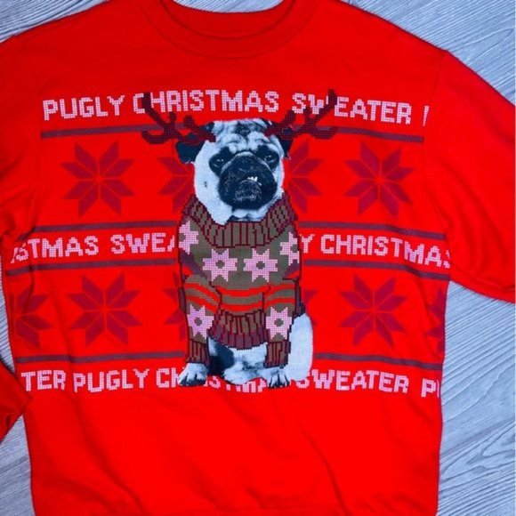 Mad engine Ugly Christmas Sweater Red Pug Dog PUGLY Sweatshirt Mad Engine s/m - Picture 2 of 4